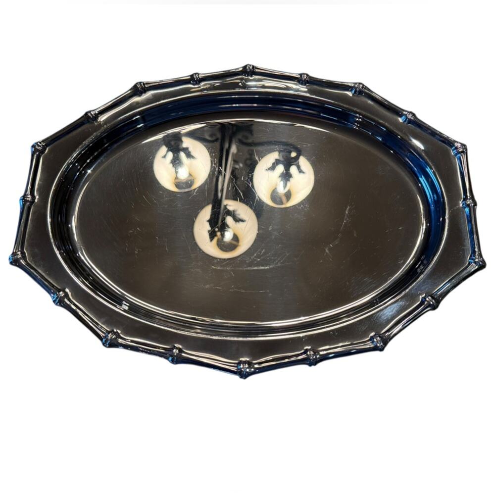 Vintage Farberware Stainless Steel  Oval Tray with Bamboo Design Made in USA